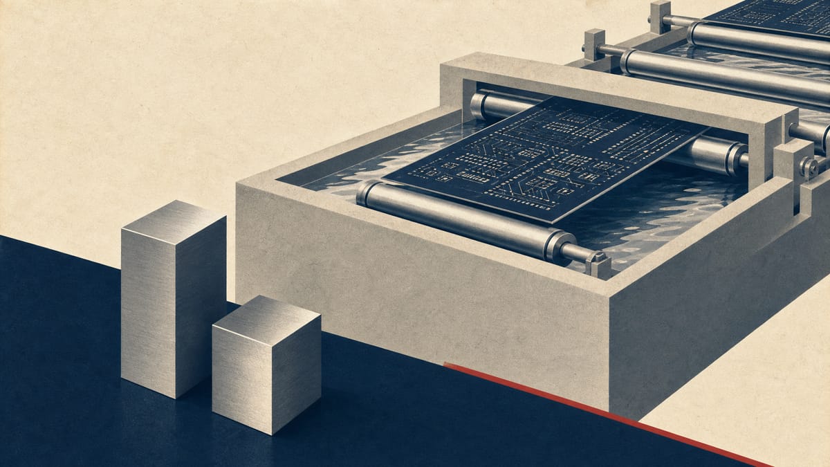 Printed circuit substrate panels moving through an industrial plating line with abstract payout markers in the foreground.