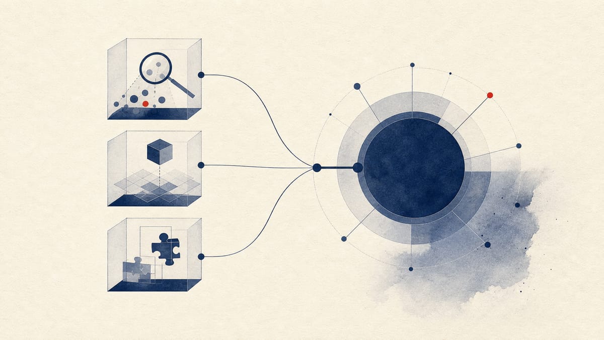 Abstract editorial illustration of three connected deal-workflow modules feeding into a central corporate growth hub.