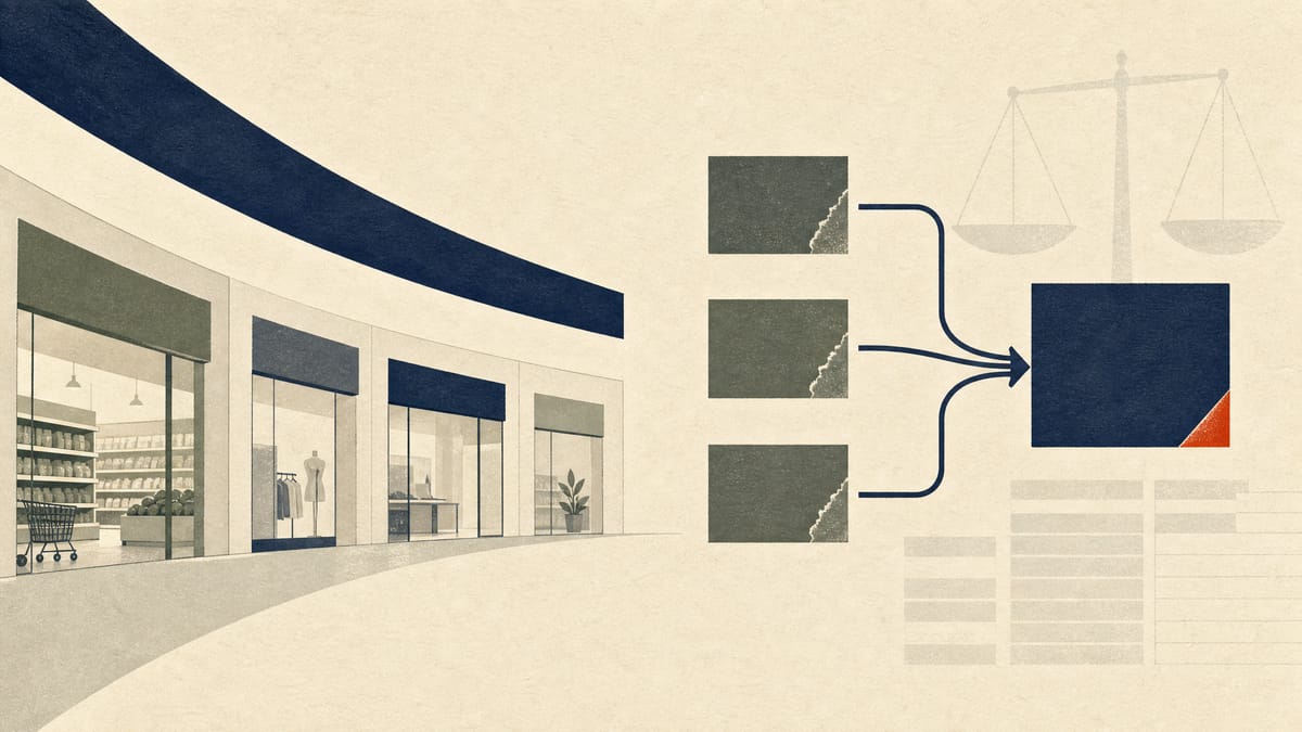 Illustration of tenant storefronts and supermarket retail space merging into a single corporate structure.