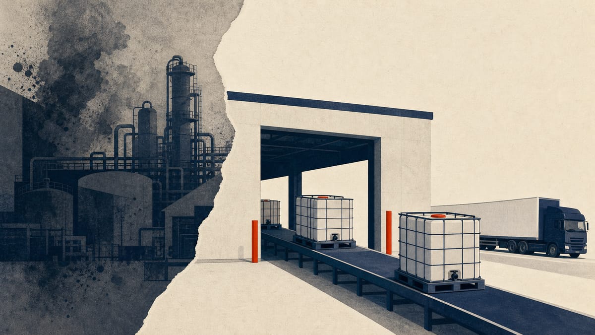 Editorial illustration of palletized chemical shipments beside industrial processing equipment, suggesting stronger sales but offsetting losses.