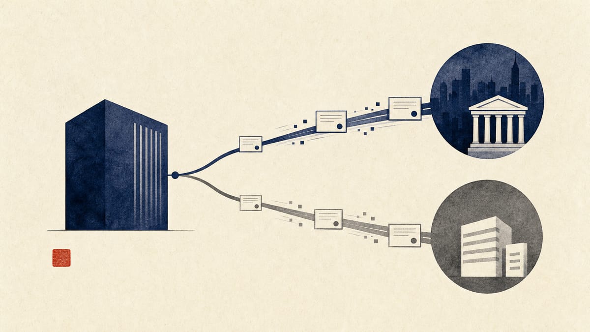 Abstract illustration of overseas and domestic share-sale channels feeding into a capital-raising flow.