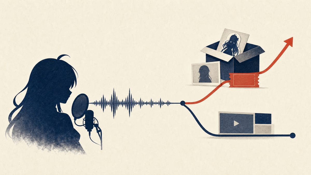 Abstract editorial illustration showing livestream, merchandise and event revenue streams with a rising sales line and a flatter profit line.