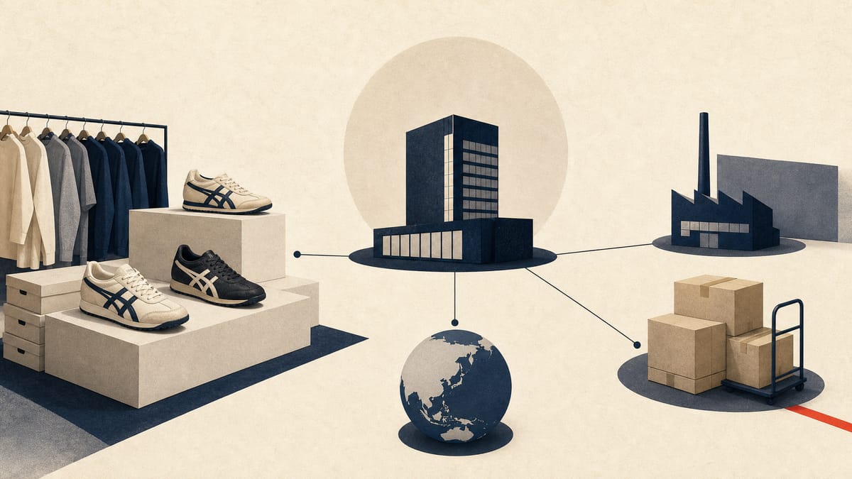 Illustration of an unbranded premium sneaker showroom connected to a central corporate hub and regional operating nodes.