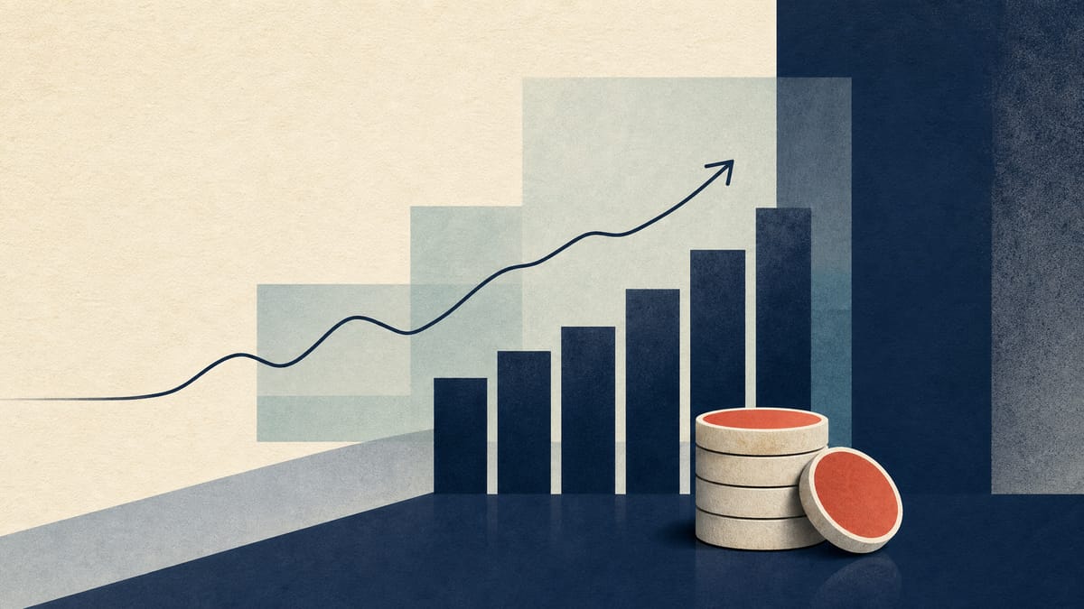 Editorial illustration of a flat revenue line and rising profit bars with a small dividend stack, representing improved mix and cost efficiency.