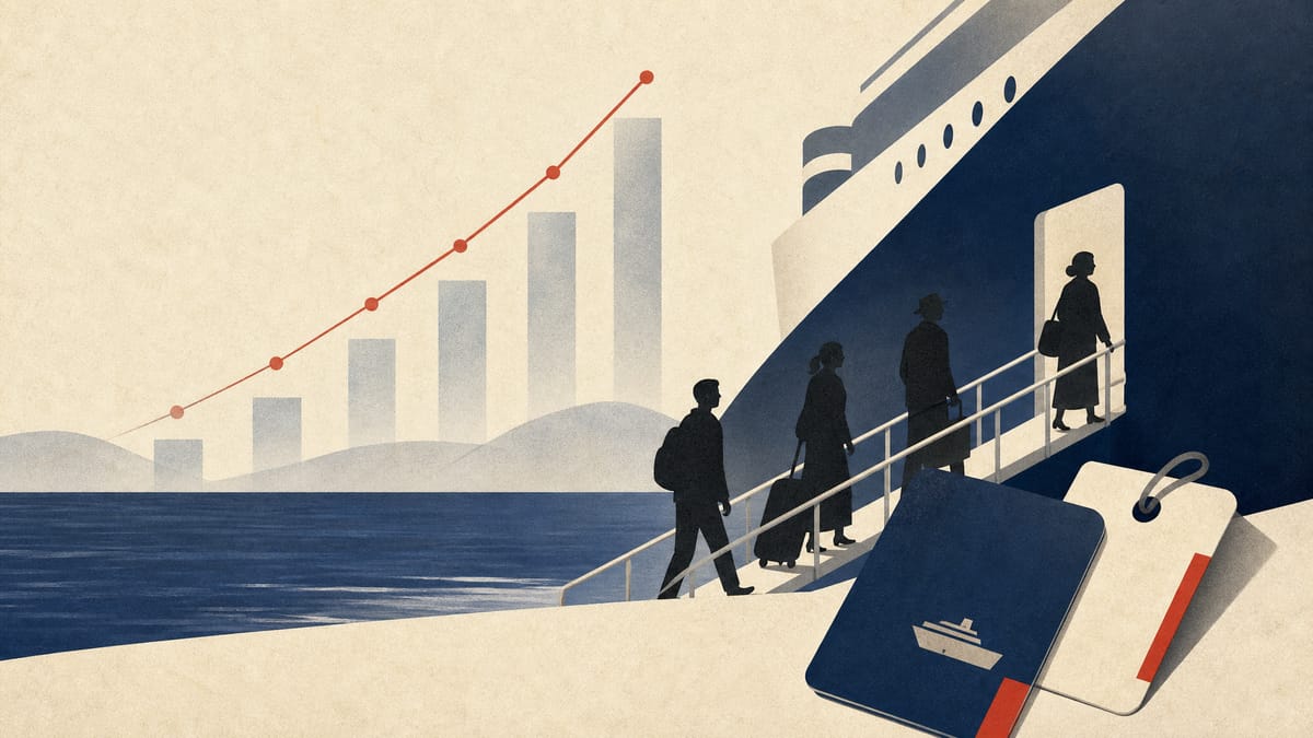 Editorial illustration of cruise passengers boarding via a ship gangway with luggage tags and cabin cards.