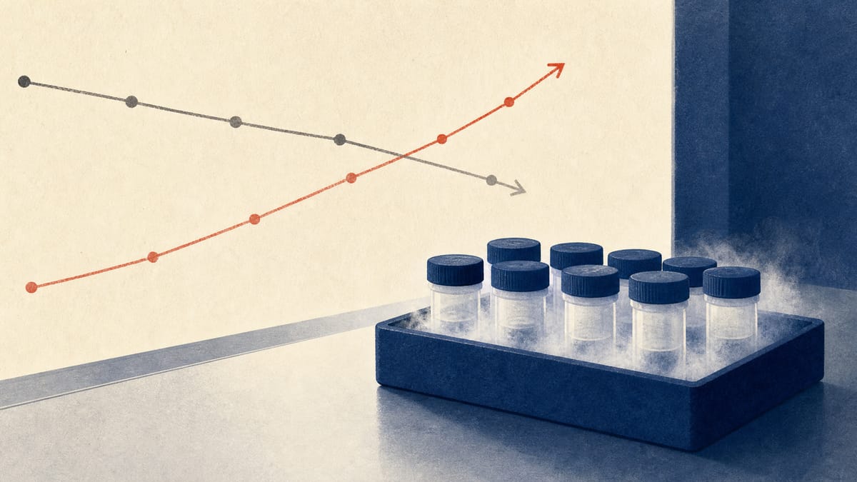 Editorial illustration of a cell-processing lab workflow with chilled sample trays and abstract revenue and profit lines.