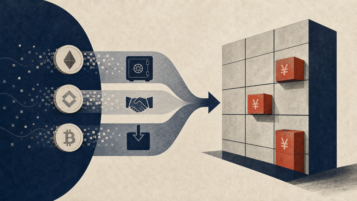 Editorial illustration of digital asset tokens flowing through separate custody, lending and borrowing channels into a balance-sheet grid.