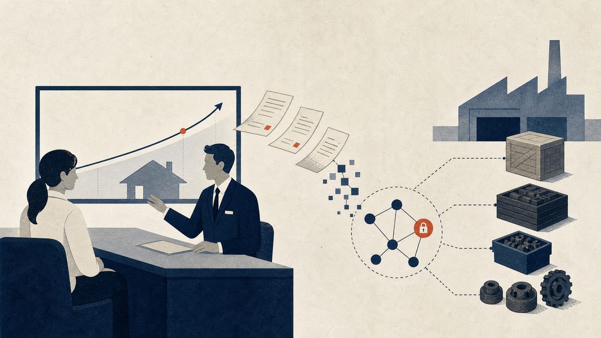 Editorial illustration showing mortgage advice, supply-chain monitoring and the shift from paper bills to digital payments.