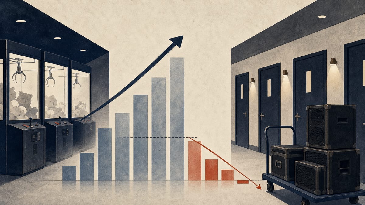 Editorial illustration of anonymous arcade machines and karaoke room doors with charts showing revenue rising and profit compressing.
