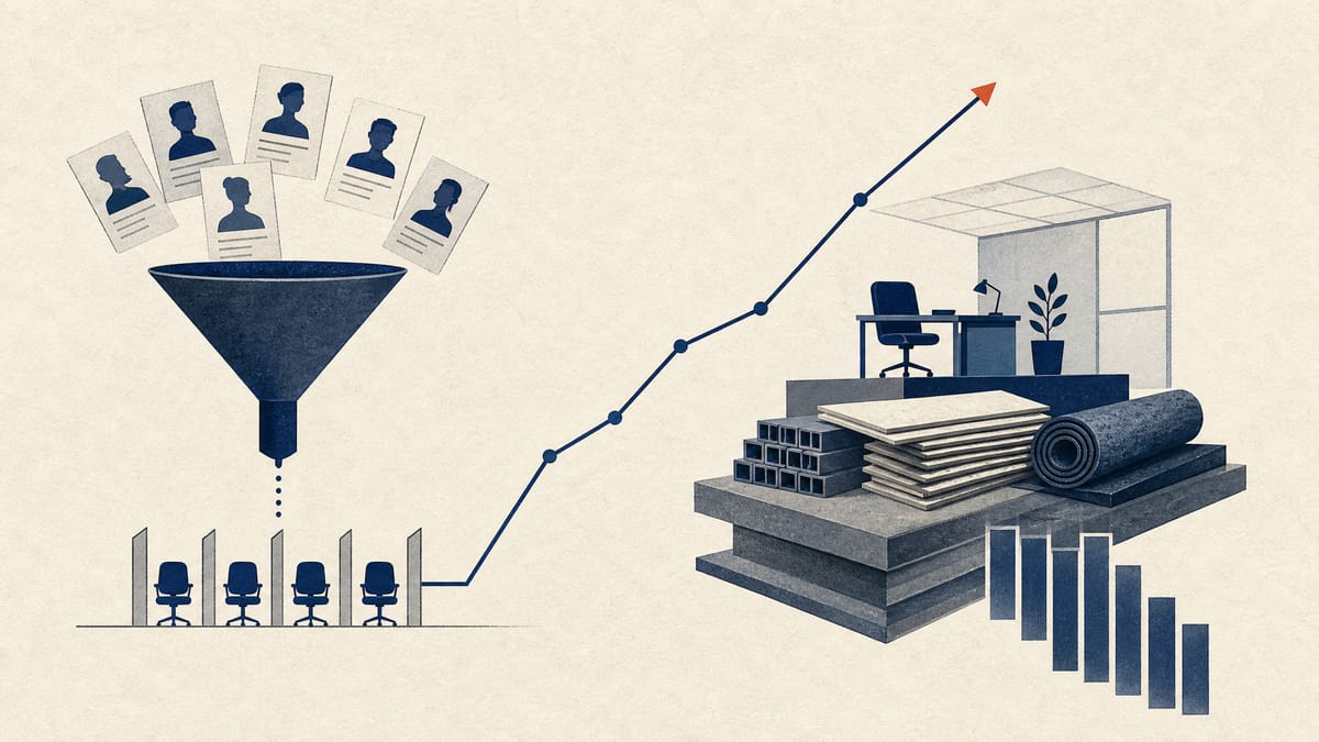 Editorial illustration of a recruiting pipeline beside office fit-out materials and cost bars.