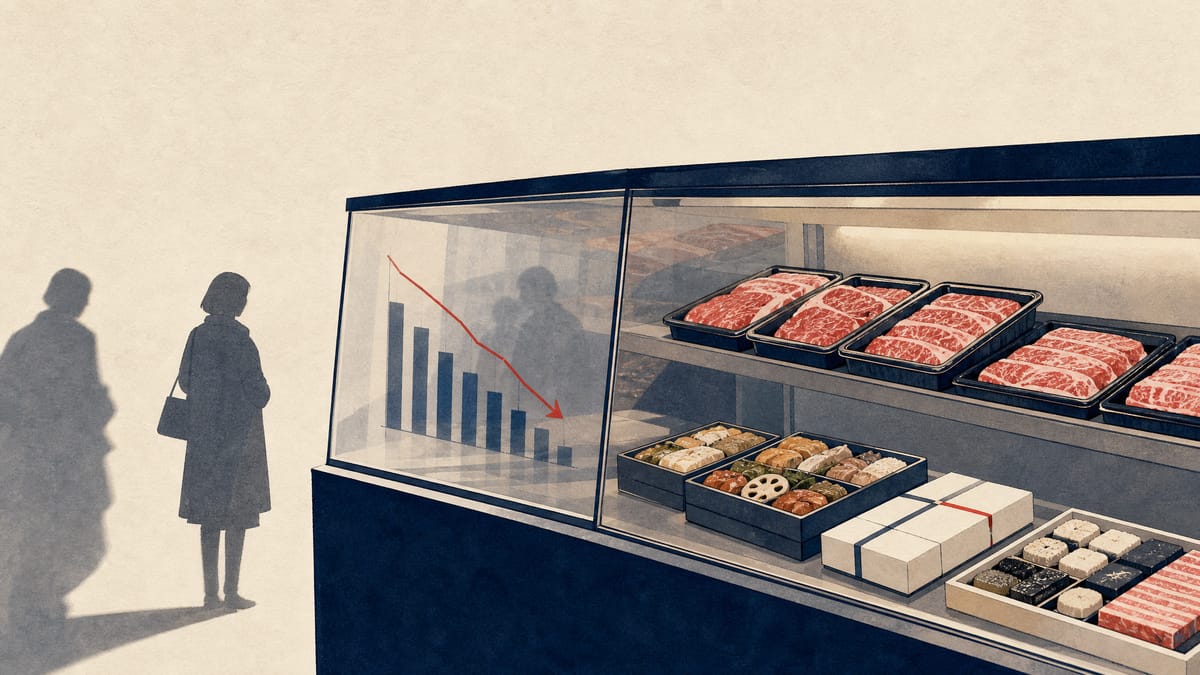 Editorial image of a food retail counter with meat, deli items and boxed sweets under display lighting.