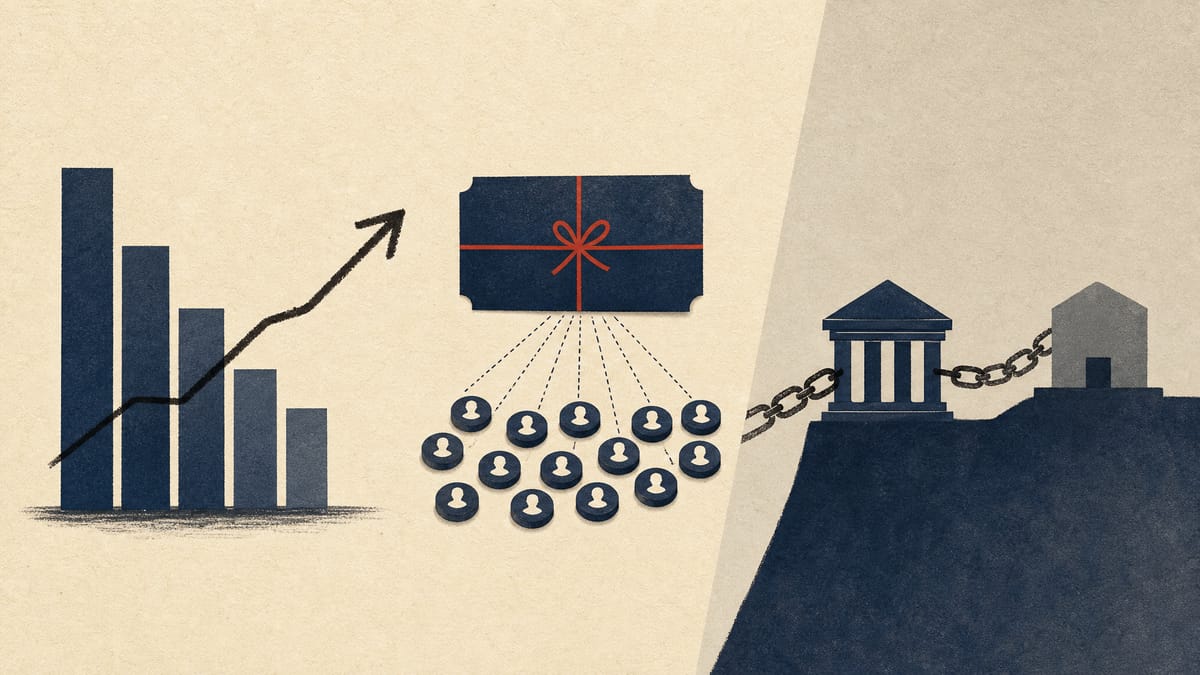 An editorial illustration showing shrinking revenue bars, a rising profit line, a fixed pool of digital gift tokens split among shareholders, and a bank loan linked to an acquisition.