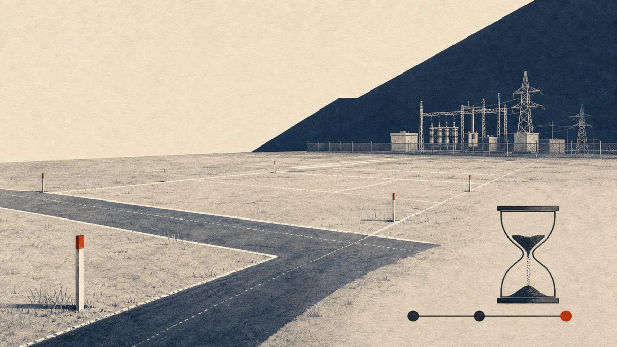 Editorial illustration of an industrial development parcel with survey stakes and distant energy infrastructure, suggesting site selection and hiring deadlines.
