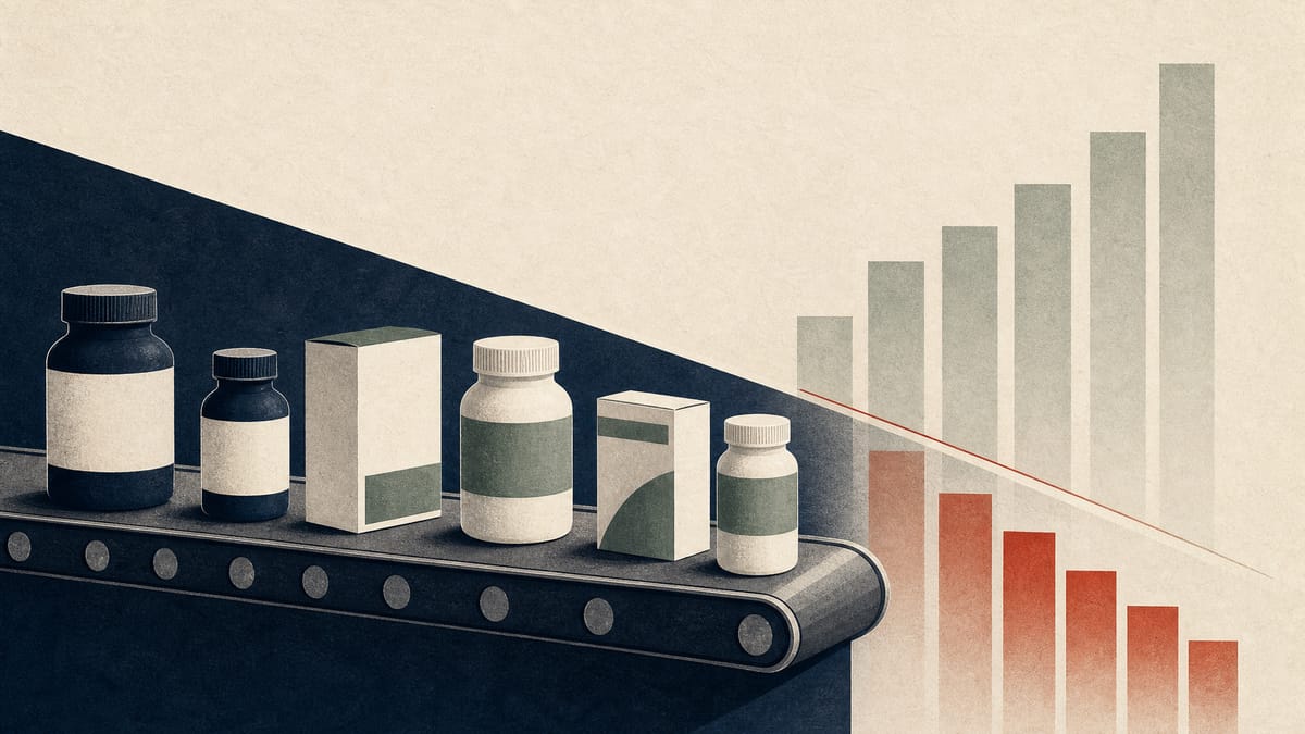 Editorial illustration of health products on a conveyor with abstract bars showing rising debt and weaker equity.