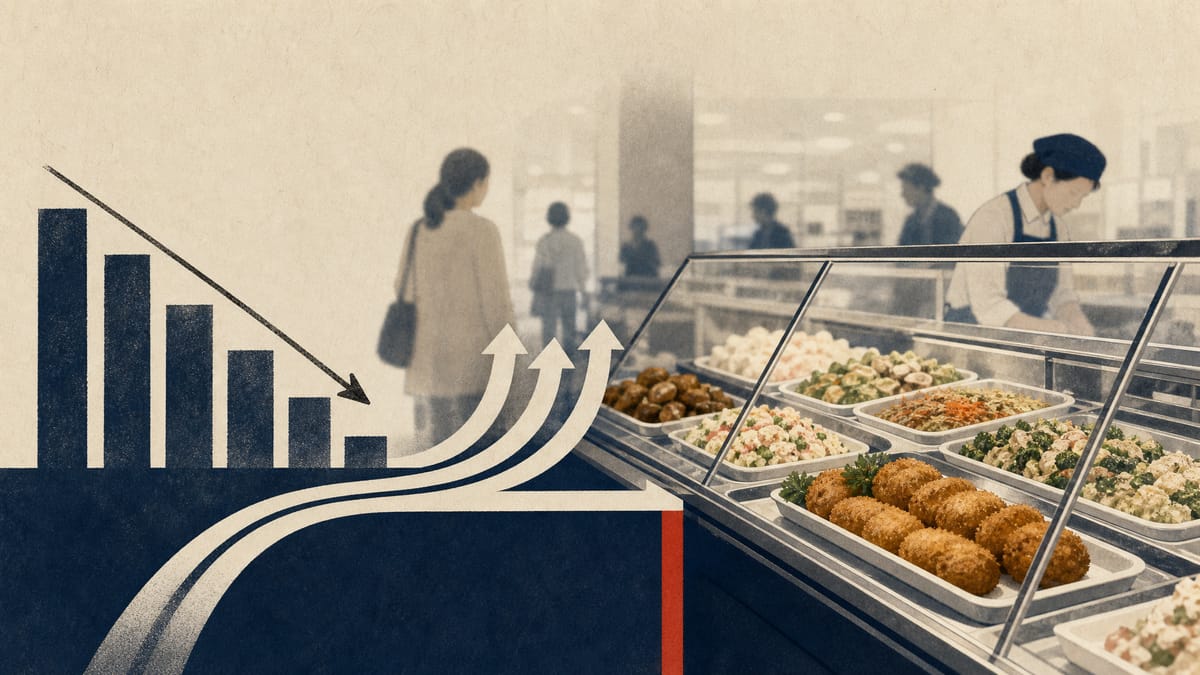 Illustration of a prepared-food deli counter with abstract margin and cash-flow graphics.