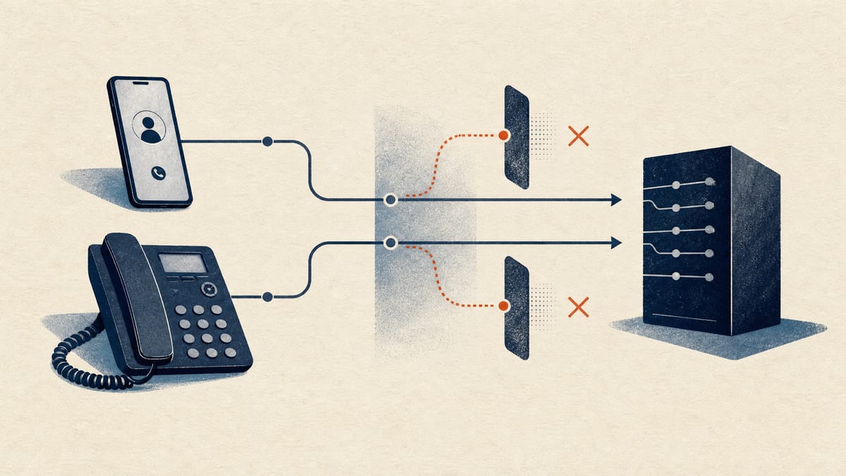 Editorial illustration of a smartphone and office phone linked to a secure call-filtering network with suspicious calls blocked.