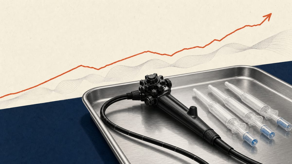 Sterile endoscopy tools and medical gel applicators beside an abstract upward cash-flow graphic.