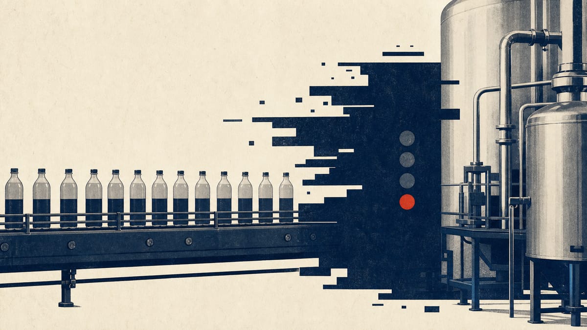 Editorial illustration of a packaged beverage production line disrupted by digital outage signals.
