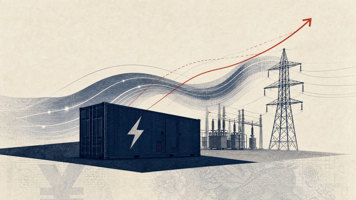 Illustration of grid batteries and power-flow graphics representing Digital Grid’s raised earnings outlook.