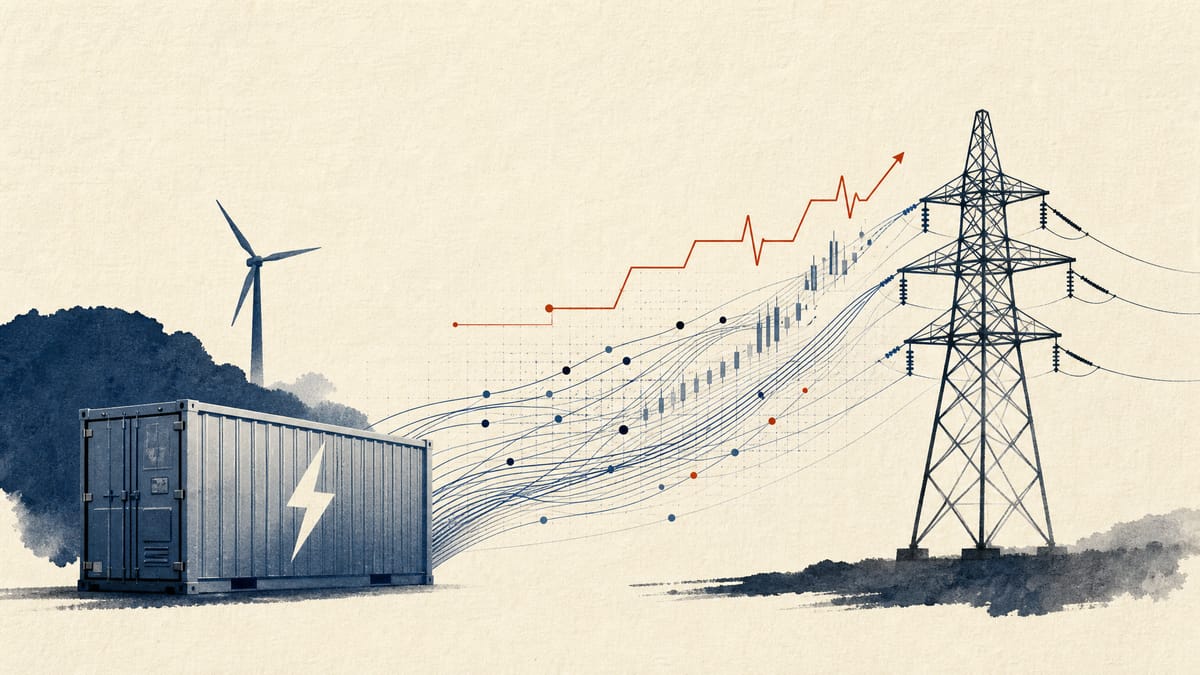 Editorial illustration of grid batteries, transmission equipment and abstract power-trading data flows