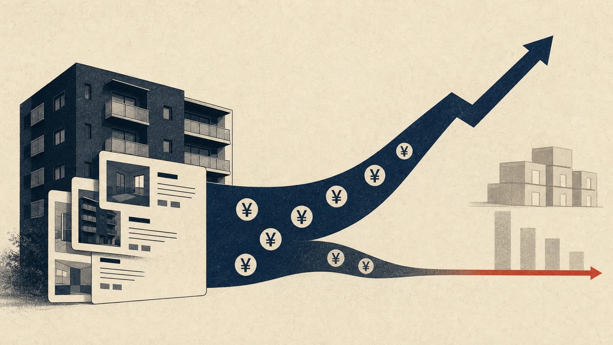 Editorial illustration of apartment listings and financial data flows showing strong sales growth but tighter profits.