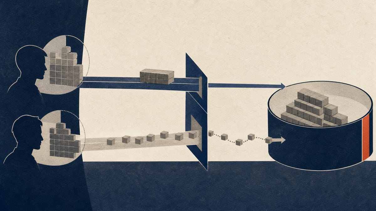 Abstract editorial image showing share blocks flowing through a fixed-price trade lane and an open-market buyback lane into treasury stock.