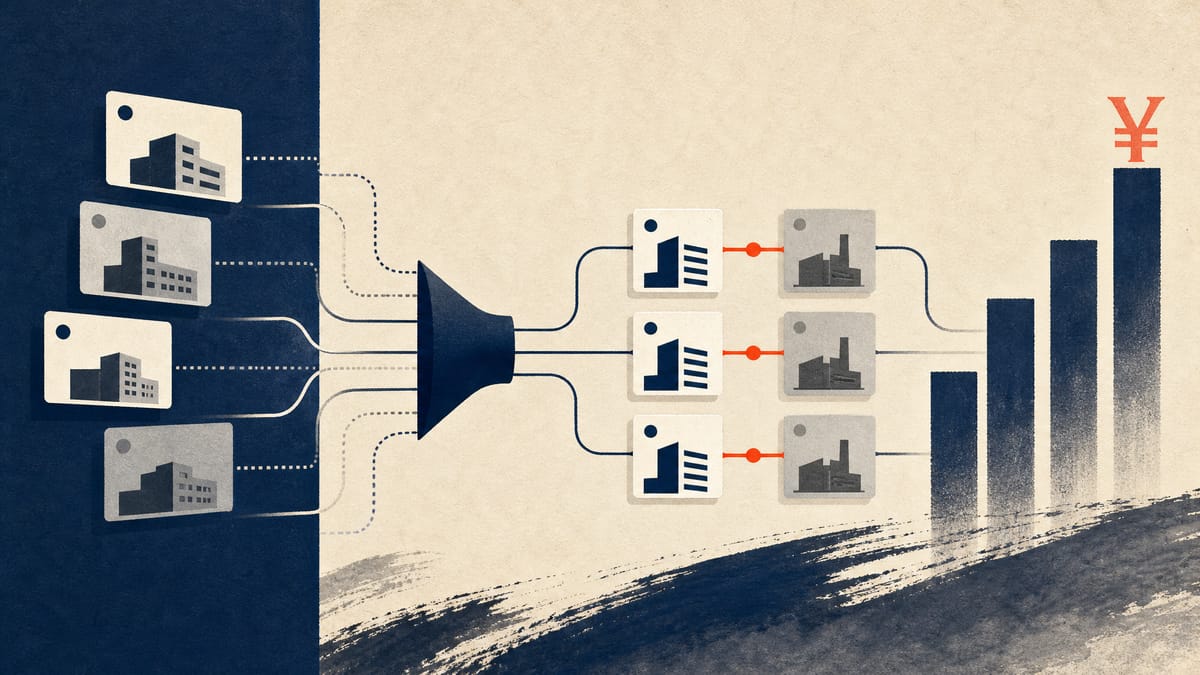 Editorial illustration of anonymized buyer and seller company cards being matched by a data system, with rising profit bars.