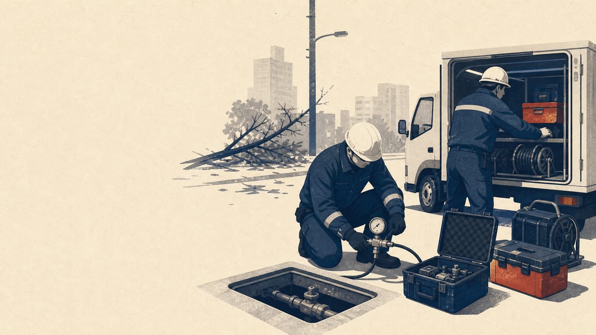 Editorial image of utility workers preparing gas network repair equipment for post-disaster restoration work.