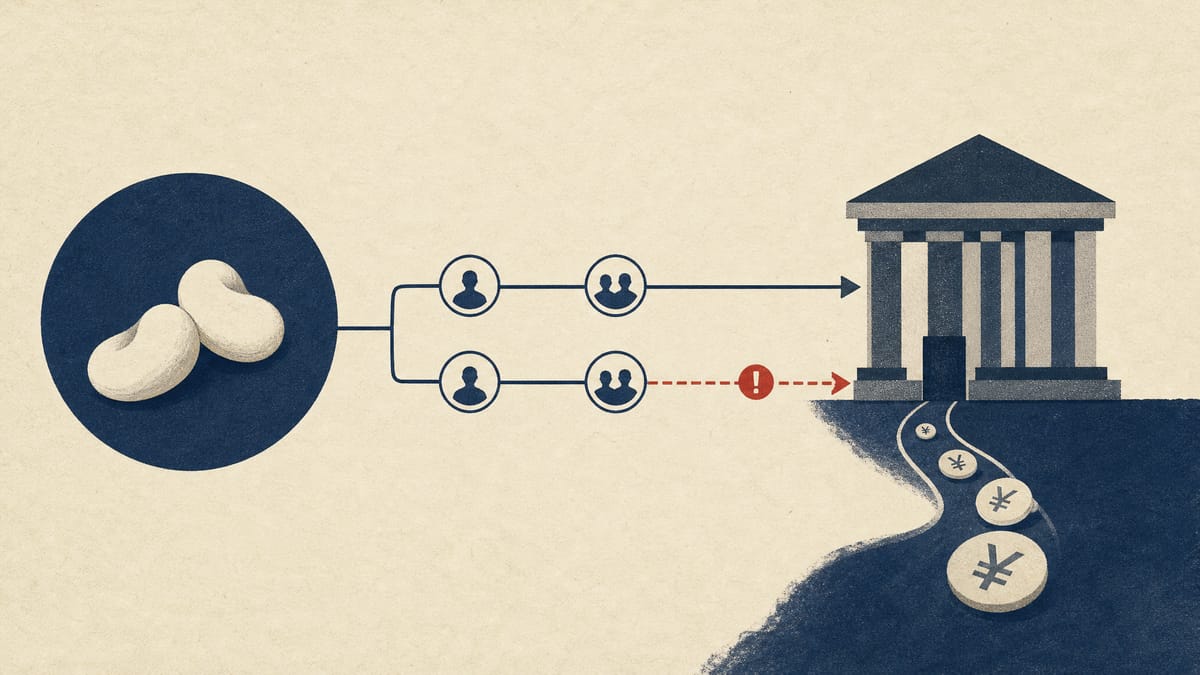 Editorial illustration of a corporate payment approval workflow with bank transfer checkpoints and a flagged transfer path.