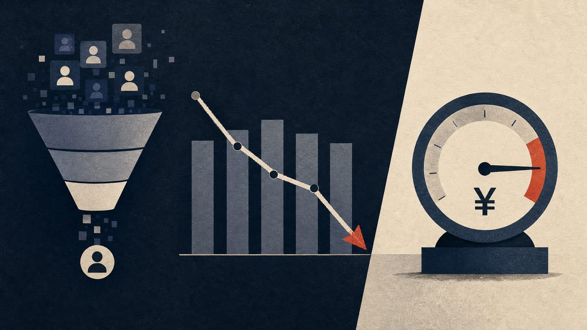 Abstract illustration of digital marketing metrics with near-flat revenue, a falling profit line and a steady dividend payout gauge.