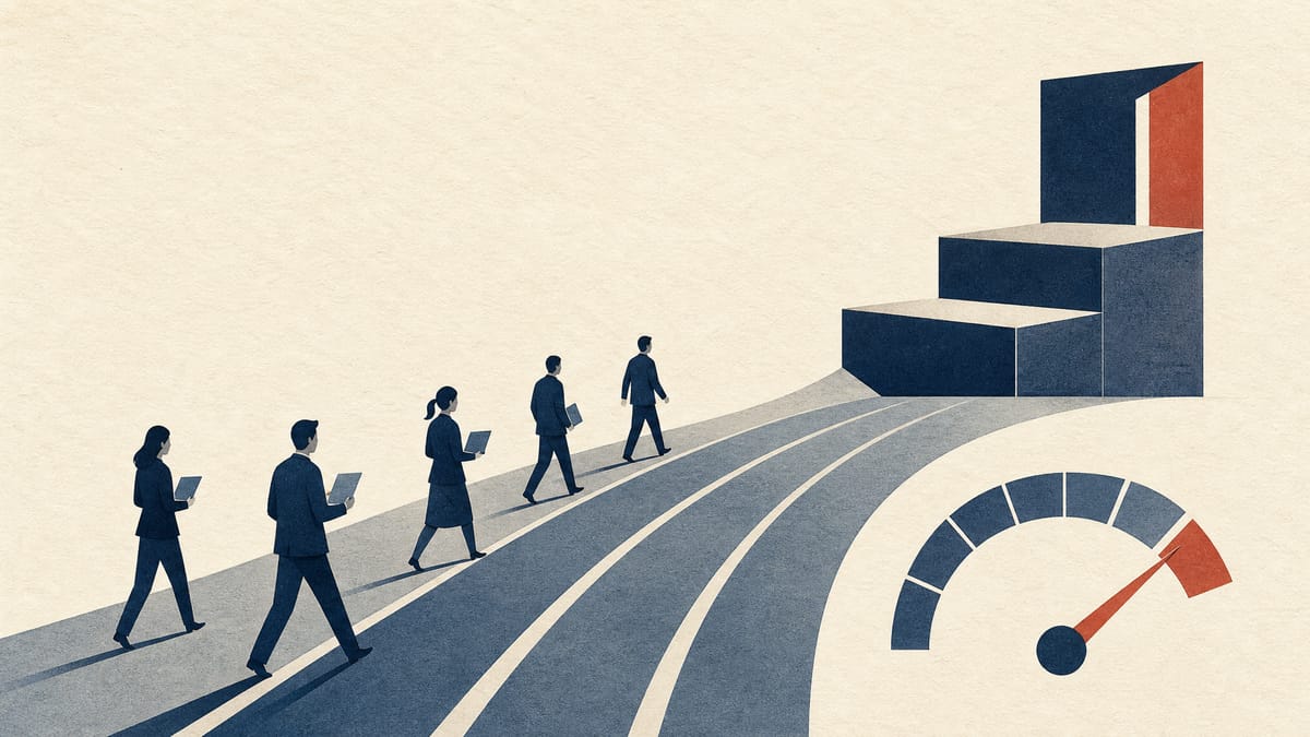 Editorial illustration of consultants, utilisation gauges and ascending market-tier blocks representing Northsand's profitable quarter and Prime-market preparations.