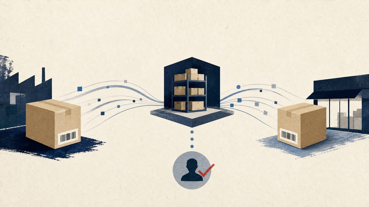 Editorial illustration of wholesale orders, packages and abstract credit-check data flows between suppliers and retailers.