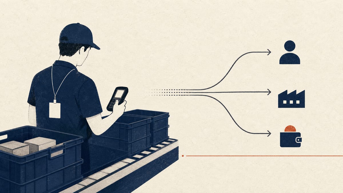Editorial illustration of warehouse workflow objects with abstract data flows extending into hiring, operations and finance services.