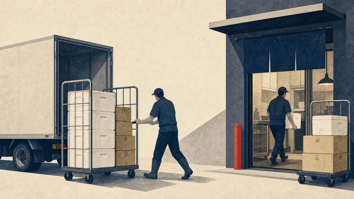 Editorial image of wholesale food crates and delivery cages being moved into a restaurant supply entrance.