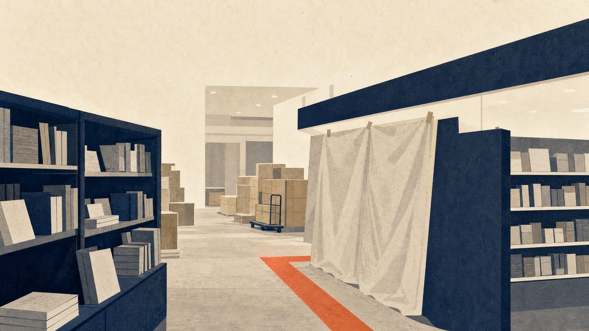 A bookstore floor under partial renovation, with shelves of books and stationery and boxed inventory in the background.
