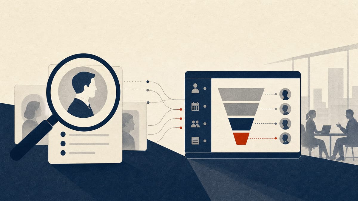 Editorial illustration of a digital recruiting and HR software workflow with candidate cards and hiring data streams.