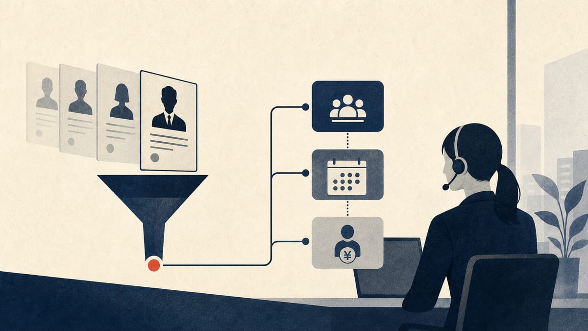 Illustration of a recruiter at work with candidate profiles flowing into connected recruiting, payroll and attendance systems.