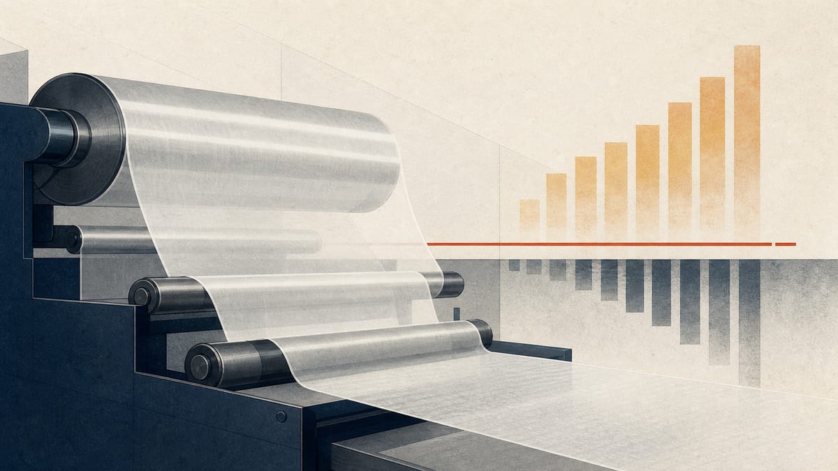 Editorial illustration of battery separator film and membrane production equipment with abstract signals of rising sales and ongoing losses.