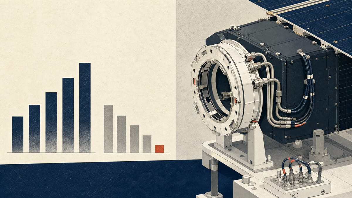 Editorial illustration of satellite-servicing hardware in a cleanroom with abstract revenue and cash-flow overlays.