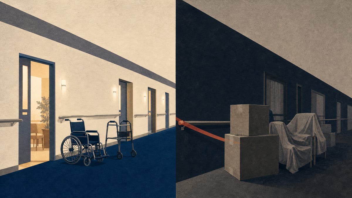 An elder-care facility hallway showing an active area beside a partially closed section with covered furniture and moving crates.