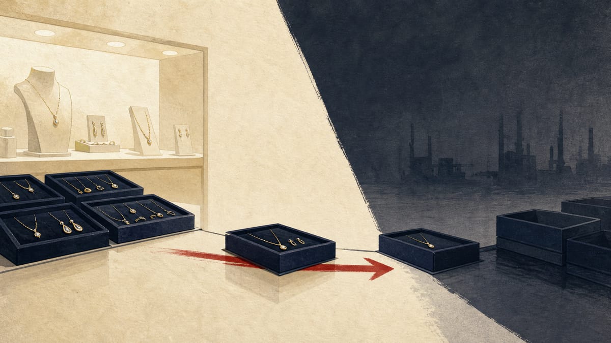 Jewelry trays and accessories moving from a wholesale packing table toward a retail display, suggesting stronger home-market demand and weaker export orders.