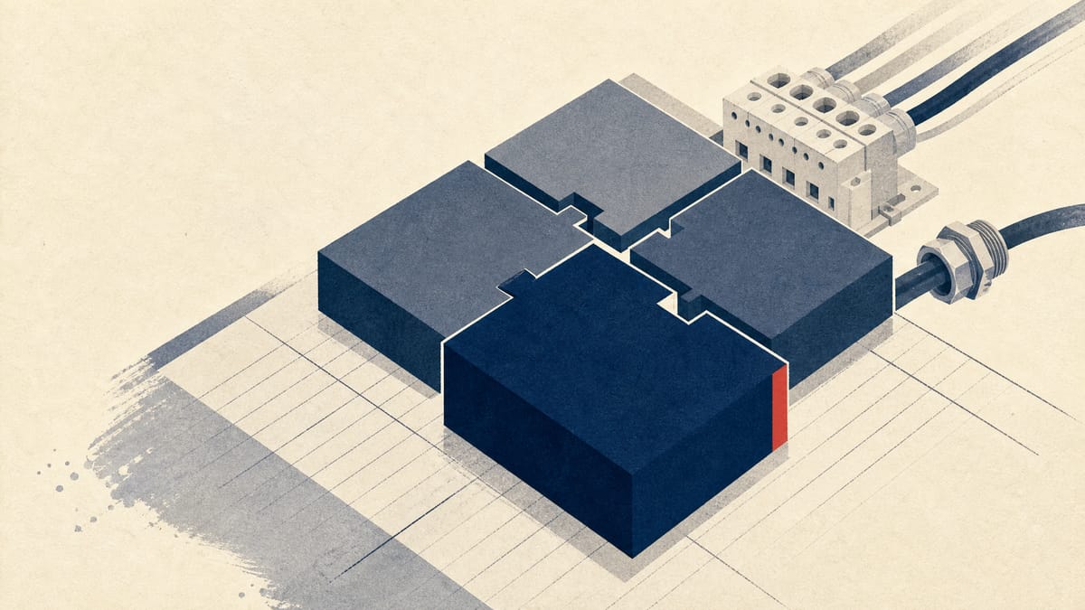Abstract editorial image showing five ownership blocks over a share register with industrial electrical components in the background.