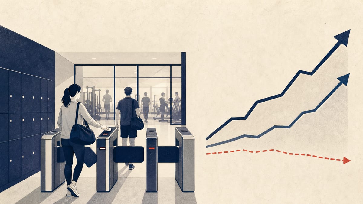 Editorial illustration of members entering a modern fitness club, with subtle charts suggesting rising memberships and profits.
