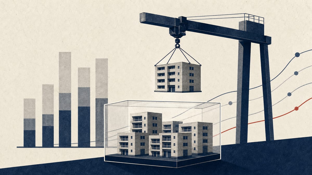 Editorial illustration of apartment-building blocks being moved into a portfolio container to represent property fund sales and earnings growth.