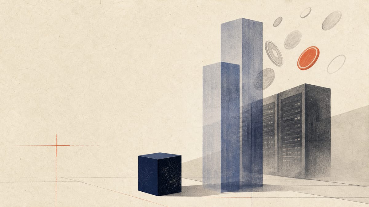 An editorial illustration showing a small operating-profit bar beside larger abstract gain bars, with game-server hardware in the background.