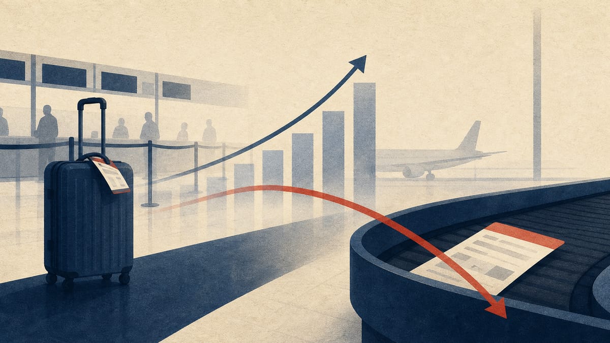 Editorial illustration of an airport check-in area with luggage and abstract revenue and cash-flow graphics moving in different directions.