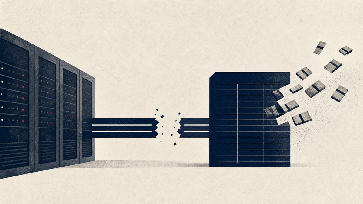 Abstract editorial illustration showing broken payment flows and missing cash blocks beside a corporate ledger grid.