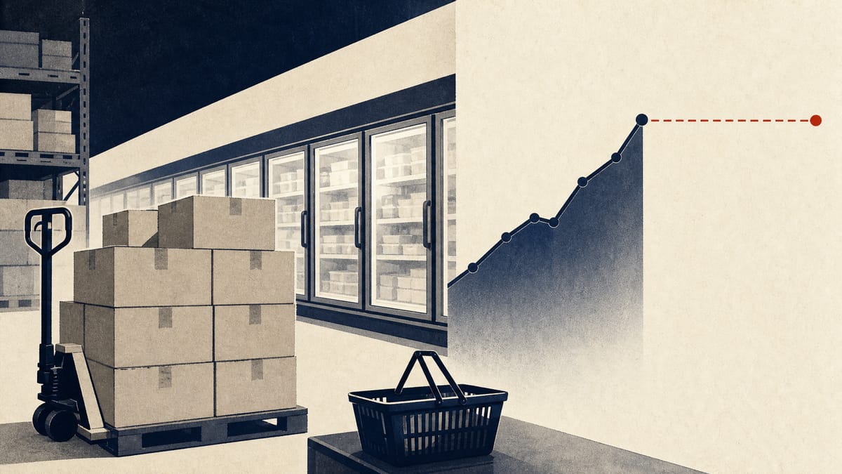 Editorial illustration of stacked grocery cartons and freezer aisles with a rising half-year chart and a flat full-year target line.