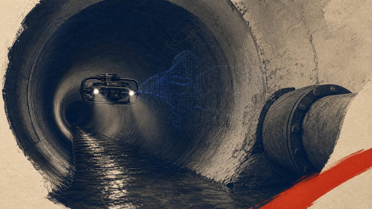 Editorial illustration of a small inspection drone flying through a sewer tunnel during an infrastructure survey.