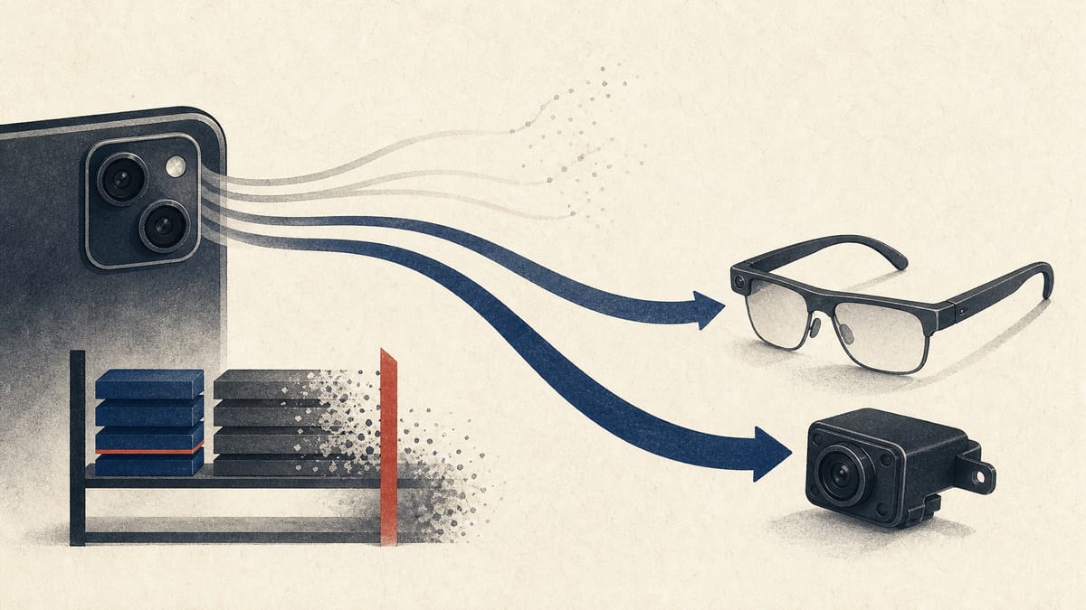 Editorial illustration of revenue streams shifting from smartphone camera software to smart glasses and automotive systems as older software assets are removed.